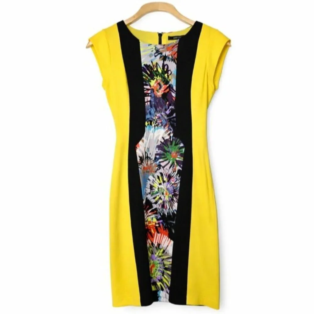 BCBGMAXAZRIA Meyna Yellow Black Floral Sheath Mini Dress NWT Size 0 - Picture 2 of 16